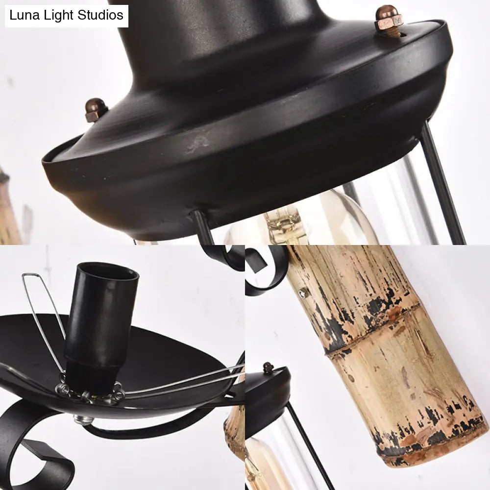 Aplique de pared tipo farol de cristal transparente - Aplique industrial para comedor en negro con placa posterior de bambú