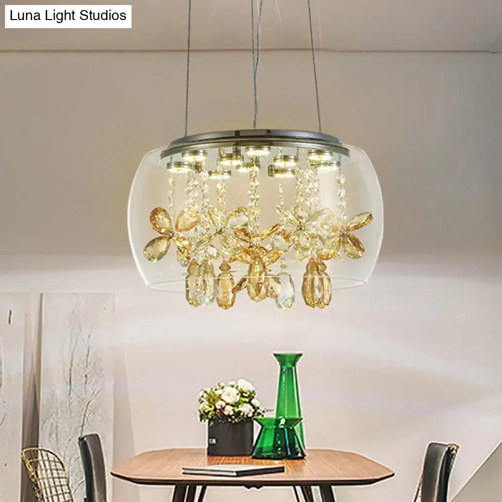 Clear Glass LED Sliver Chandelier: Modernist Bowl Design, 14"/16" Width, Dangling Crystal, Warm/White Light