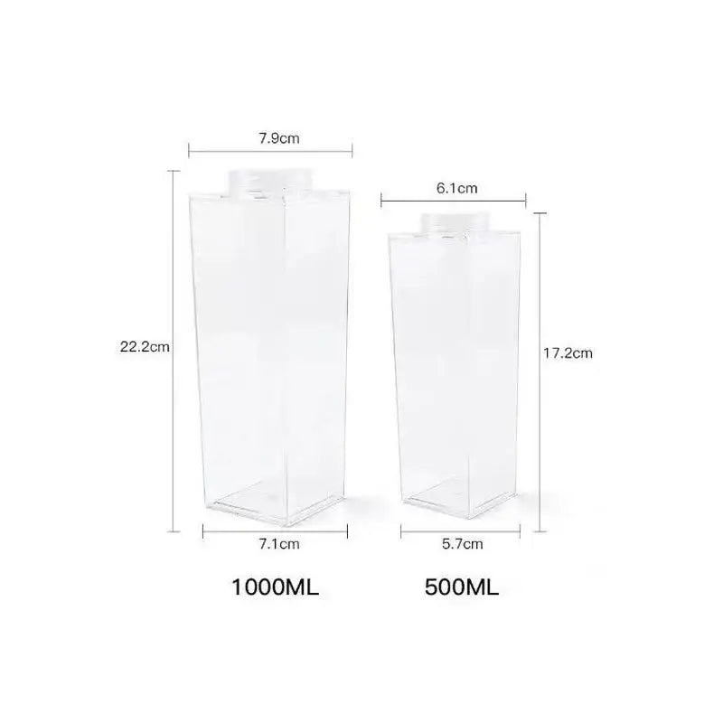 Two transparent clear milk carton plastic water bottles with white caps and volume markings for kitchen juice storage