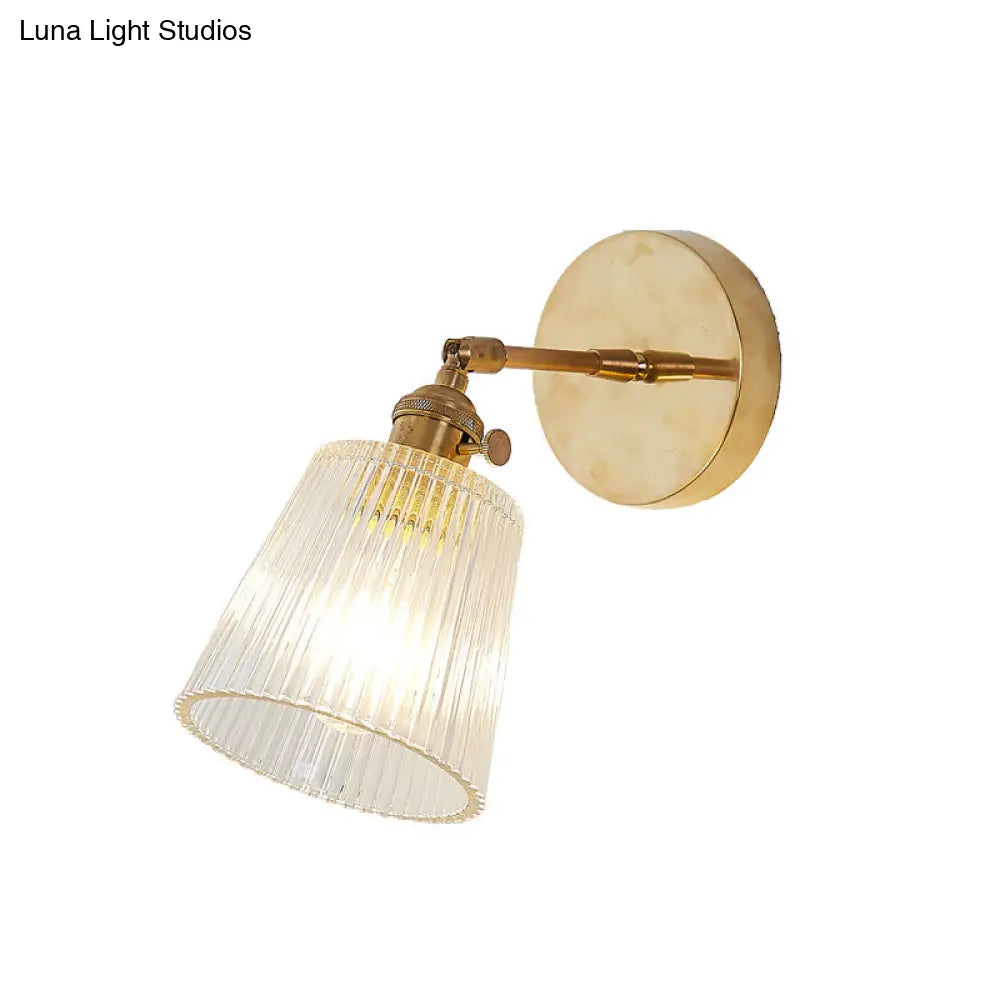 Clear Ribbed Glass Wall Sconce Light - Industrial Brass Cone Fixture for Living Room Lighting - 1 Light
