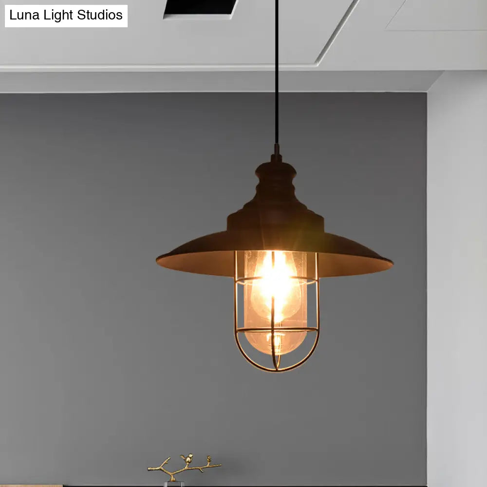 Lámpara colgante de techo Coastal Black Clear Glass con jaula de hierro - Ideal para cafeterías