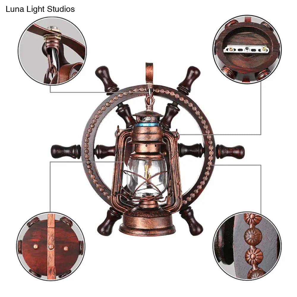 Coastal Clear Glass Kerosene Wall Sconce: Weathered Copper Bedroom Light Fixture with Wheel