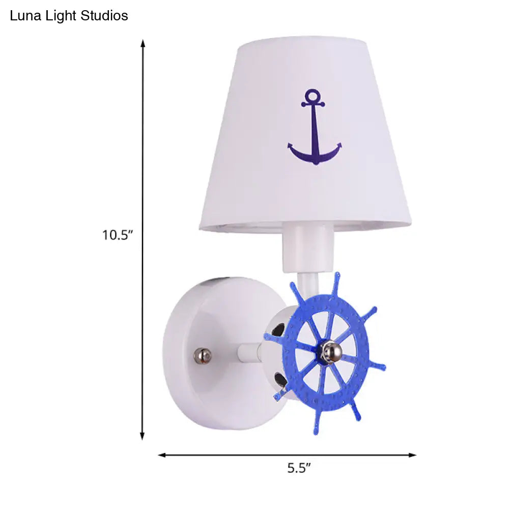 Coastal Metallic Wall Mounted Sconce with Wheel Rudder Design, White-Blue Fixture & Fabric Shade