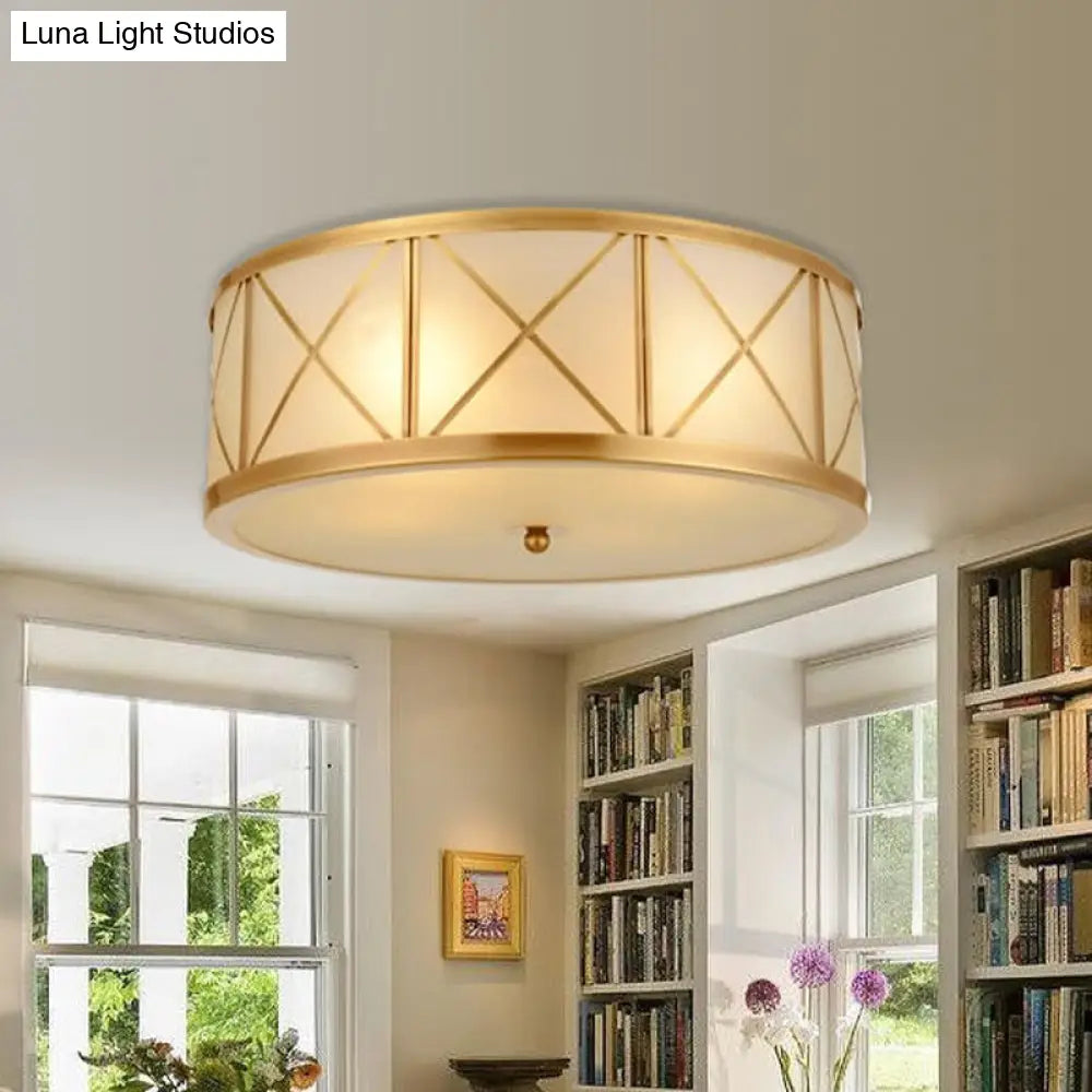 DecorBites™ DecorBites™ Colonial Gold Glass Ceiling Lamp with Trellis Cage - Bedroom Flush Light