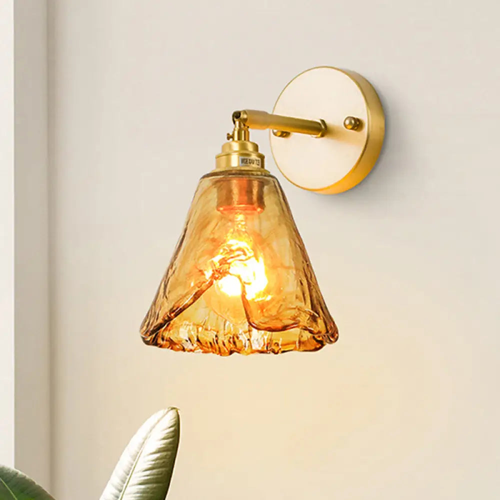 Colonial Wall Sconce in Tan Glass with Gold Saucer/Funnel Design - Bedroom Lighting Fixture