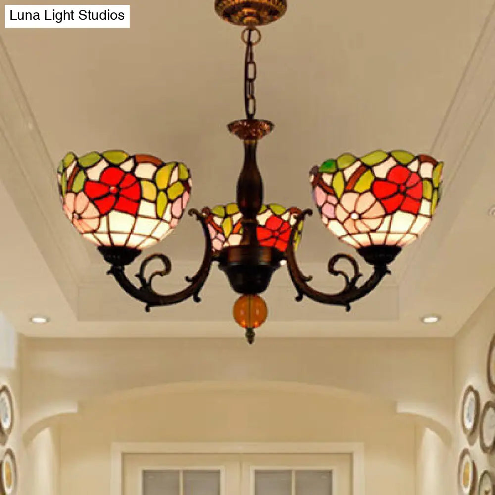Colorful Stained Glass Bowl Chandelier in Retro Brass: Flower Pattern, 3 Bulbs, Vibrant Lighting