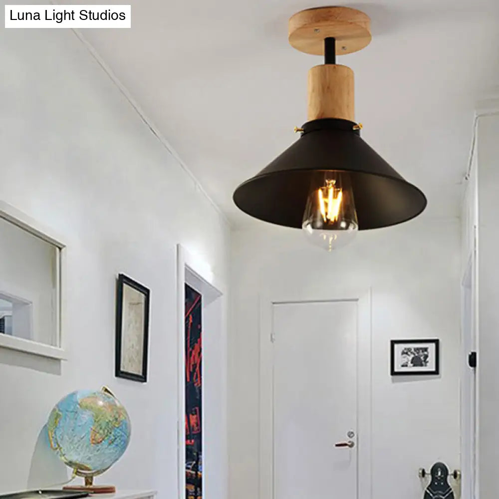 DecorBites™ DecorBites™ Conic Metal Semi-Flush Mount Foyer Ceiling Light with Wooden Canopy - Loft Style, 1 Bulb, 8"/10" Wide, Black