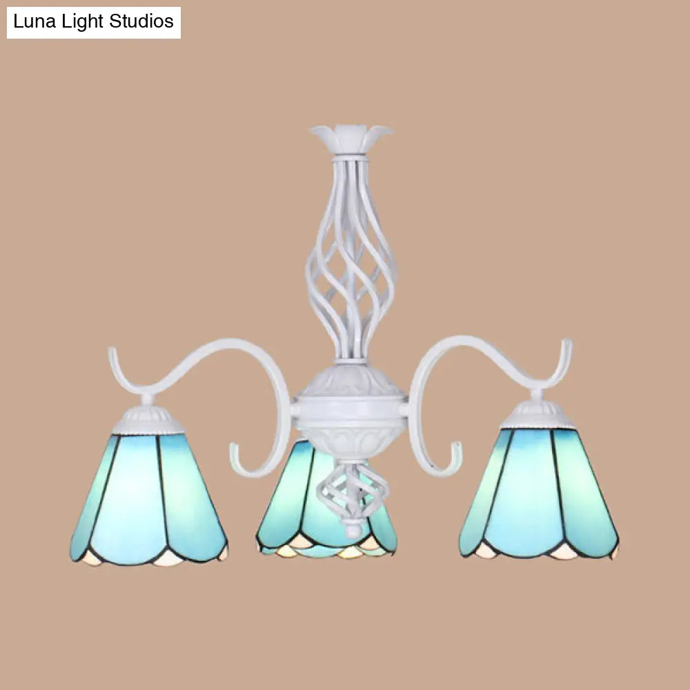 Lámpara de araña cónica con cadena metálica y 3 luces - Iluminación de vestíbulo de vitral Tiffany (Blanco/Azul)