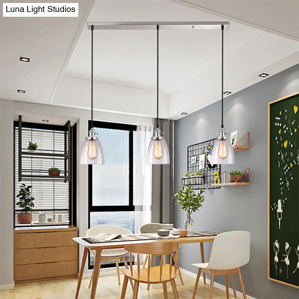 Juego de lámparas colgantes cónicas de cristal transparente - 3 luces, estilo industrial, acabado cromado