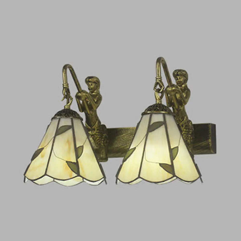 Conical Vanity Sconce Lighting with 2-Headed White/Beige Glass Tiffany Wall Mounted Light and Mermaid Decoration