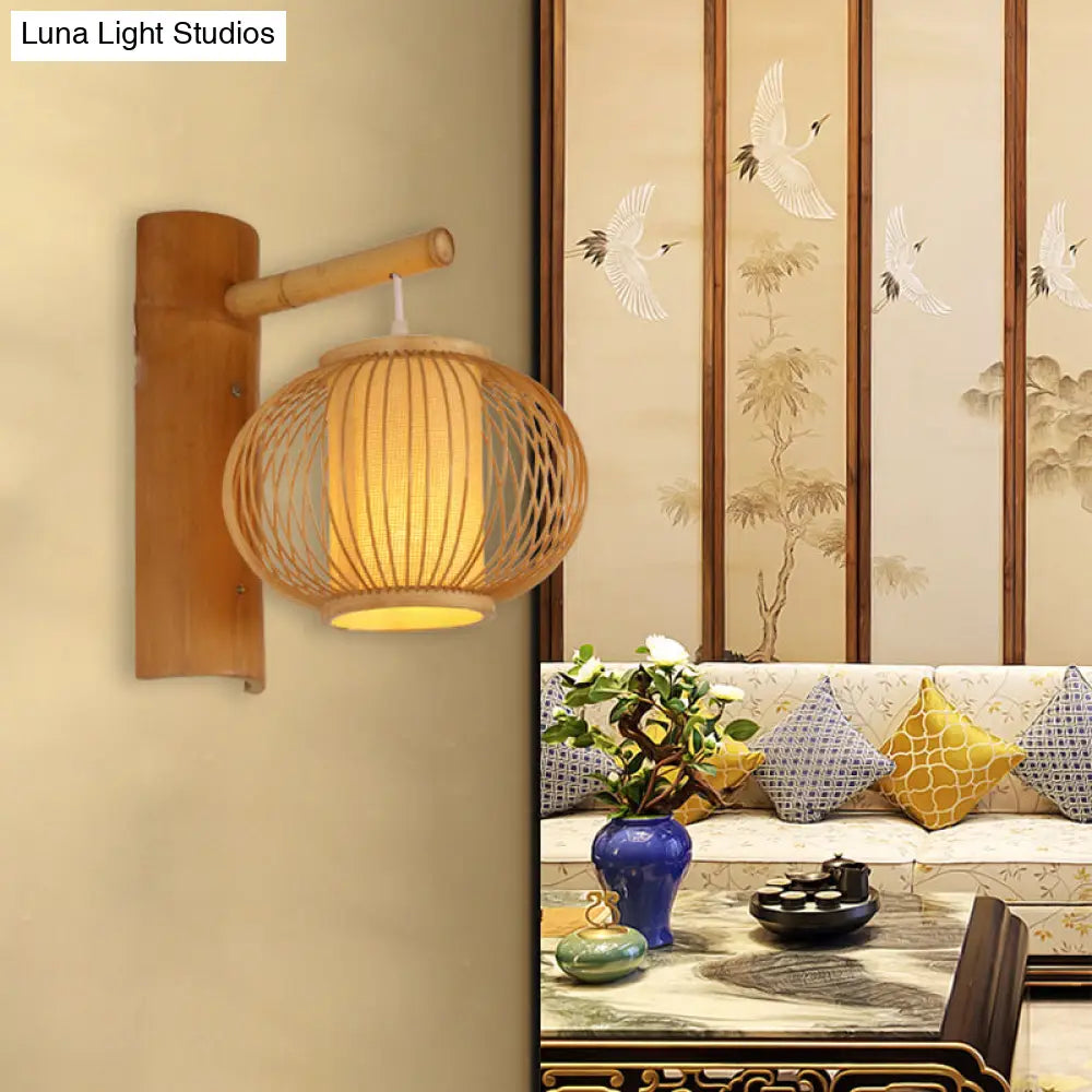 DecorBites™ DecorBites™ Contemporary Bamboo Wood Pumpkin Wall Lamp with Inner Cylinder Parchment Shade - 1 Bulb Sconce Light Fixture