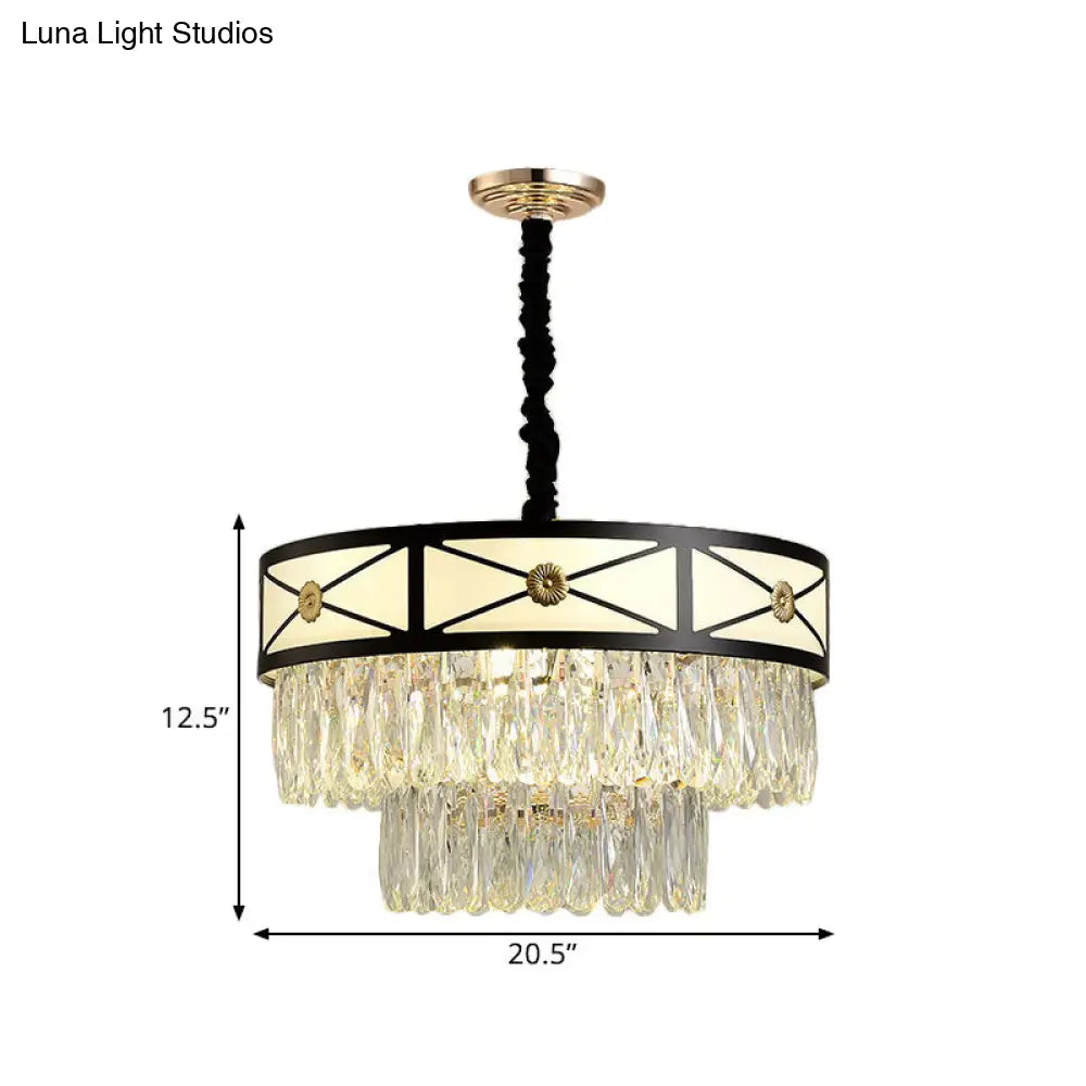 Contemporary Black Chandelier: 9 Heads, Clear Crystal, 3-Layer Round Suspension Light