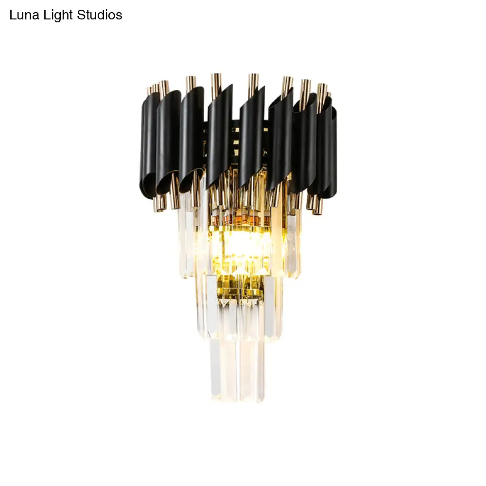 DecorBites™ DecorBites™ Contemporary Black Rectangle Crystal Tiered Wall Sconce - 2 Lights, Wall Mounted Lamp
