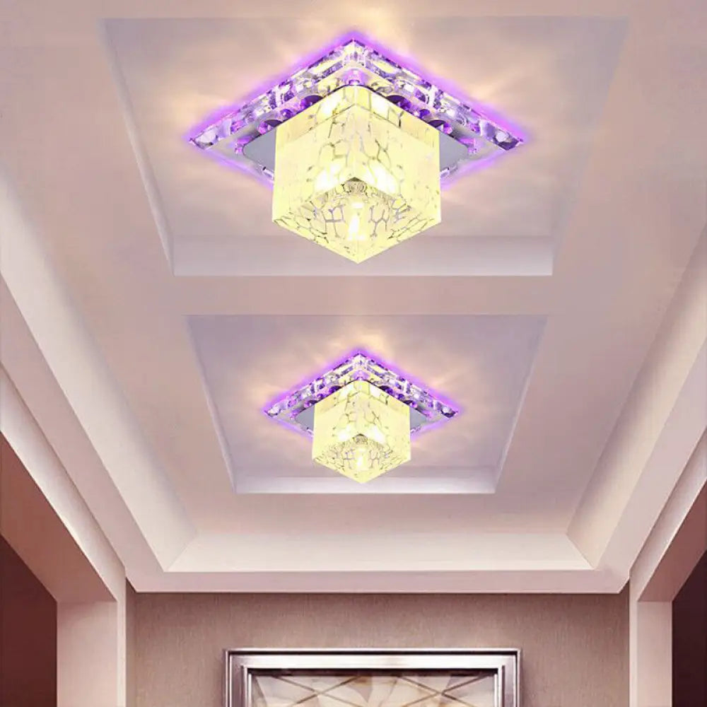 DecorBites™ DecorBites™ Contemporary Crystal LED Chrome Flush Mount Ceiling Lamp - Cubic Shape, Ideal for Corridor