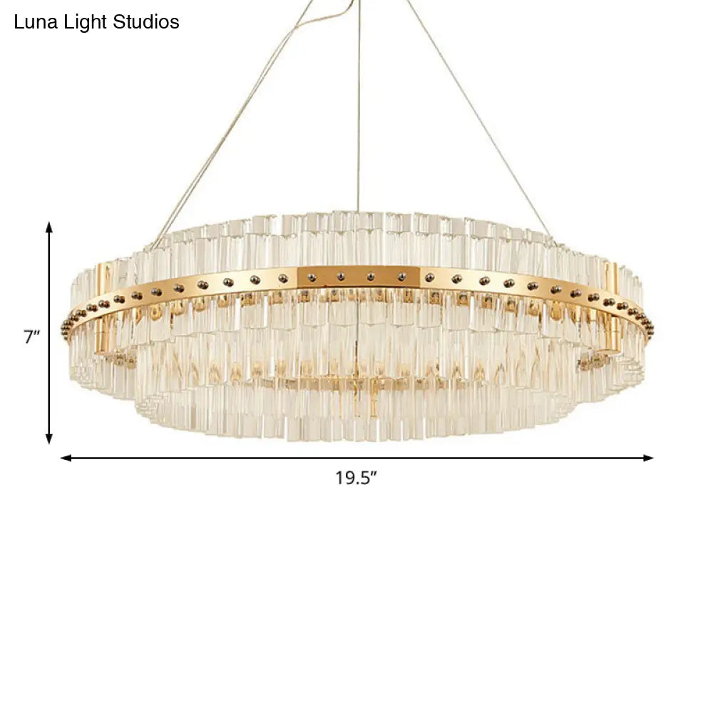 Contemporary Crystal LED Gold Chandelier - 19.5" Diameter, 2-Tier, Adjustable Hanging Cords