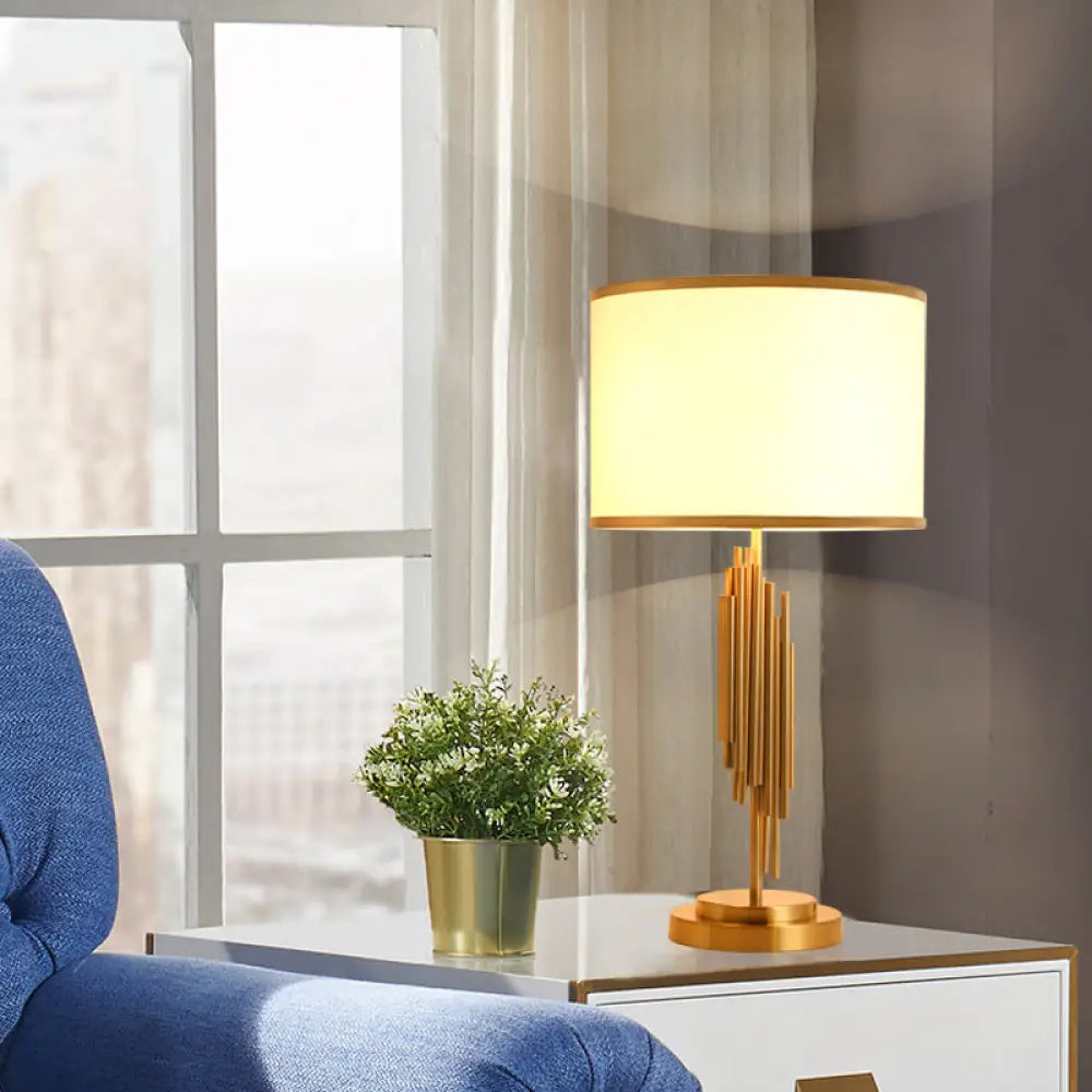 Contemporary Fabric Barrel Desk Lamp - 12"/14" Wide, 1-Bulb Gold Task Lighting for Bedside or Small Spaces