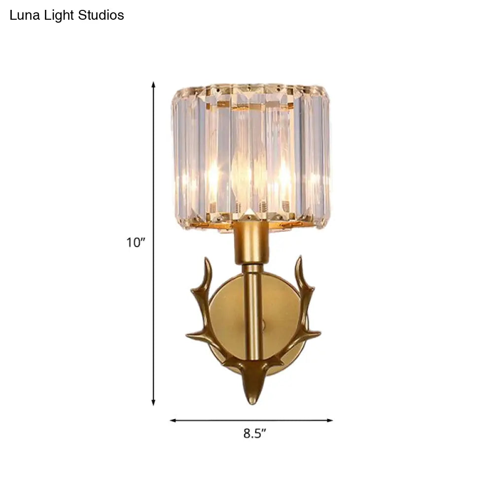 DecorBites™ DecorBites™ Contemporary Gold Crystal Cylinder Wall Sconce with Antler Decor – 1 Bulb Living Room Light