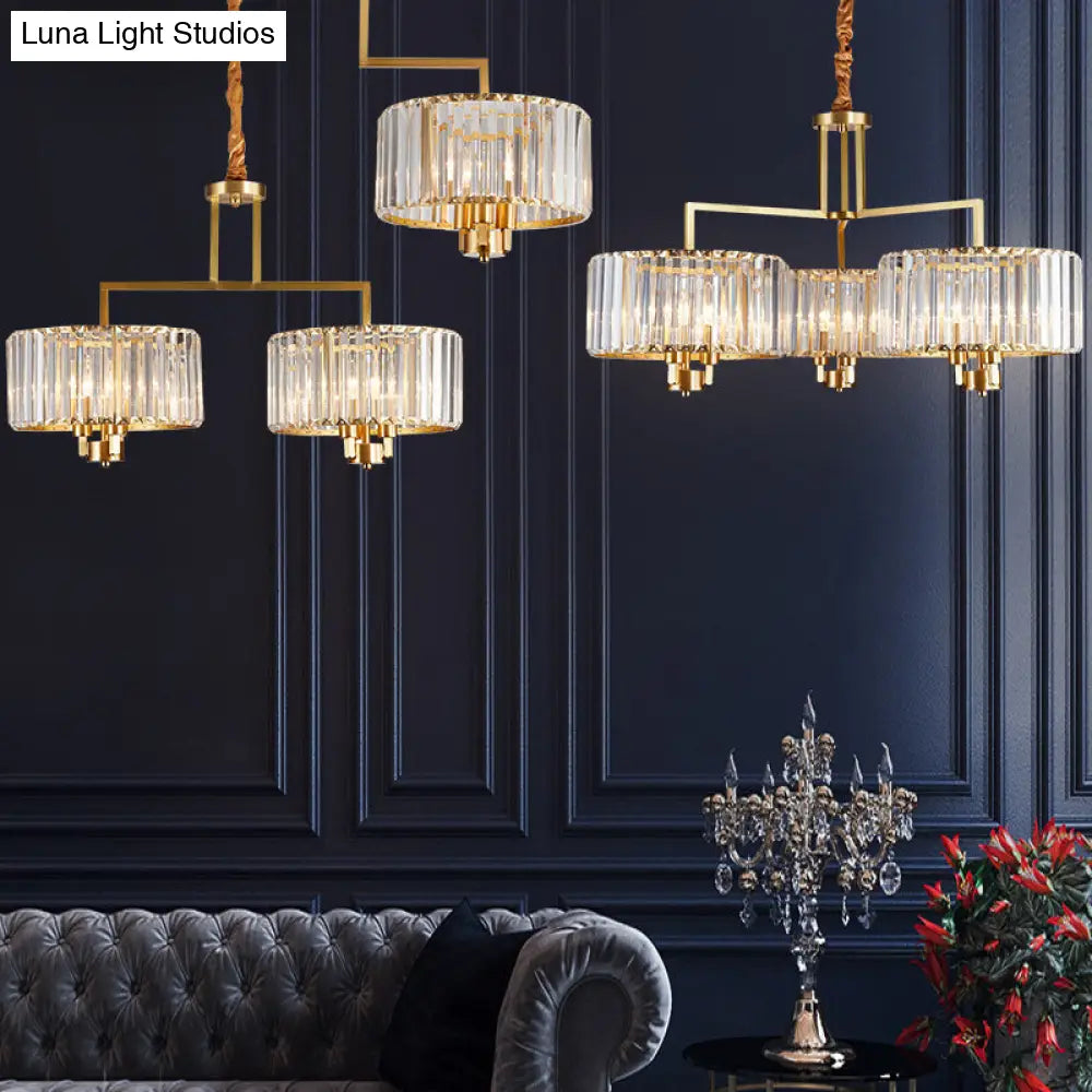 Lámpara de techo contemporánea dorada con forma de tambor y cristales transparentes - Lámpara colgante de 3/6/9 cabezas para sala de estar