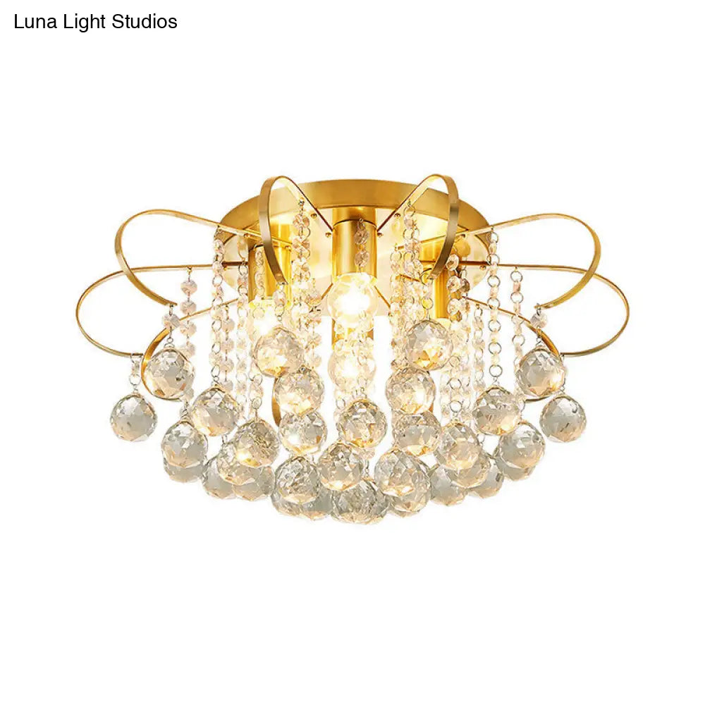 DecorBites™ DecorBites™ Contemporary Gold Metal Ceiling Lamp with Swirled Arm Design, Clear Crystal Orbs, and Rods - 4-Heads Semi Flush Light