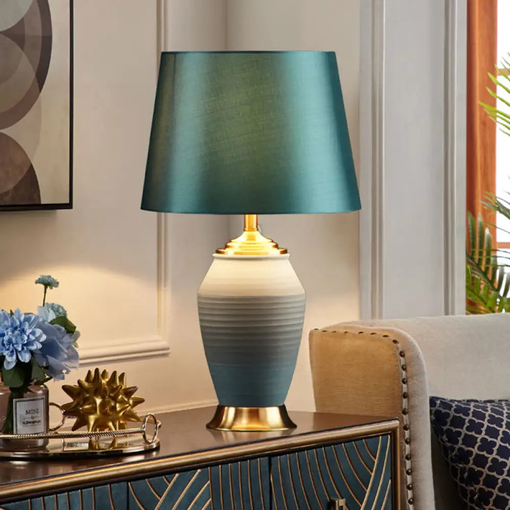 Contemporary Green Tapered Drum Table Lamp, 13"/14" Wide