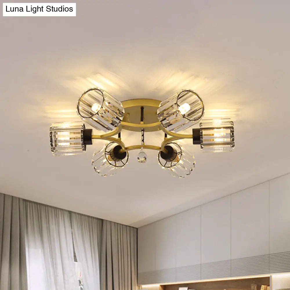 DecorBites™ DecorBites™ Contemporary K9 Crystal Gold Flushmount Light Fixture - Cylindrical Design, 3/6 Heads