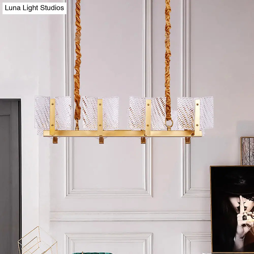 DecorBites™ Contemporary Linear Chandelier: Brass Finish, Square Glass Panel, 8-Light Hanging Lamp