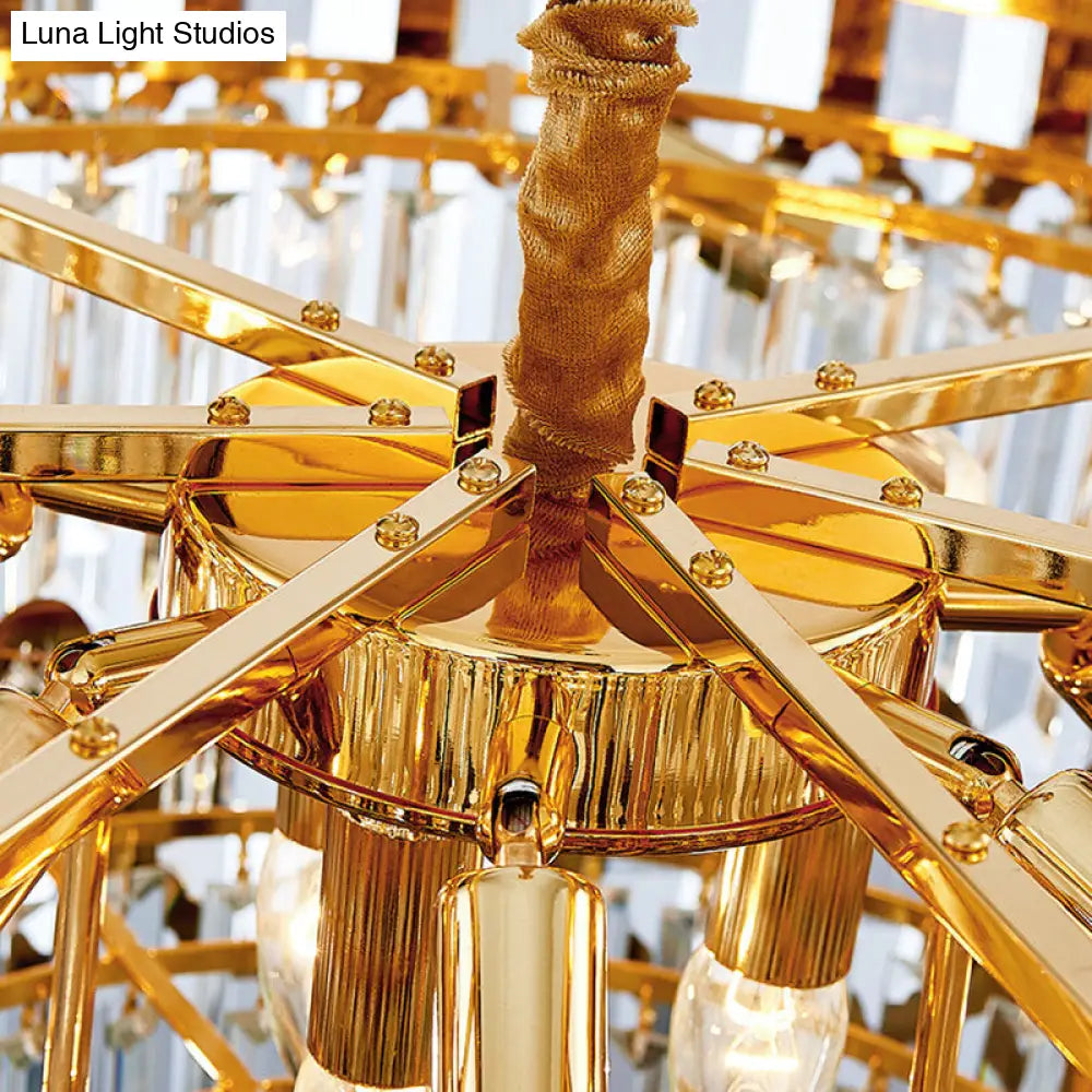 Lámpara de araña colgante contemporánea de metal con pantalla redonda y cristal facetado - Lámpara colgante dorada