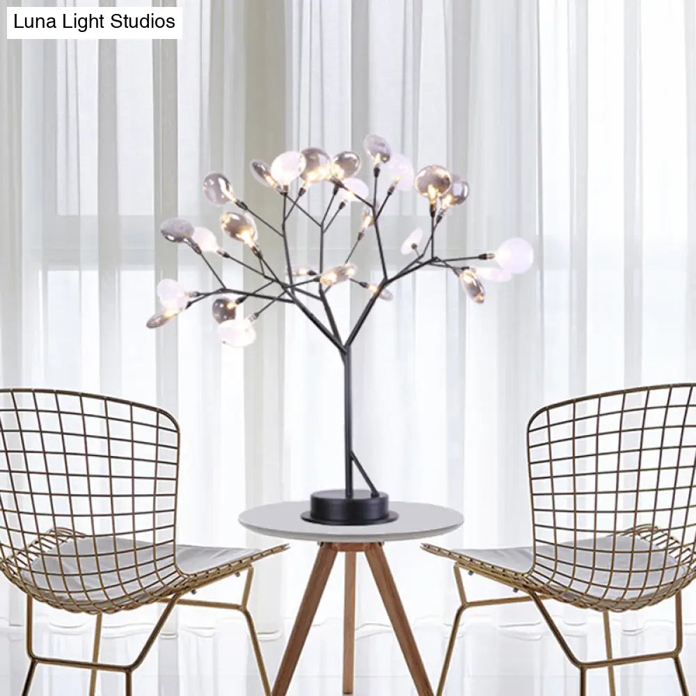 Contemporary Metallic Branch Desk Light: 27-Light Black LED Table Lamp with Smoke Gray Glass Shade