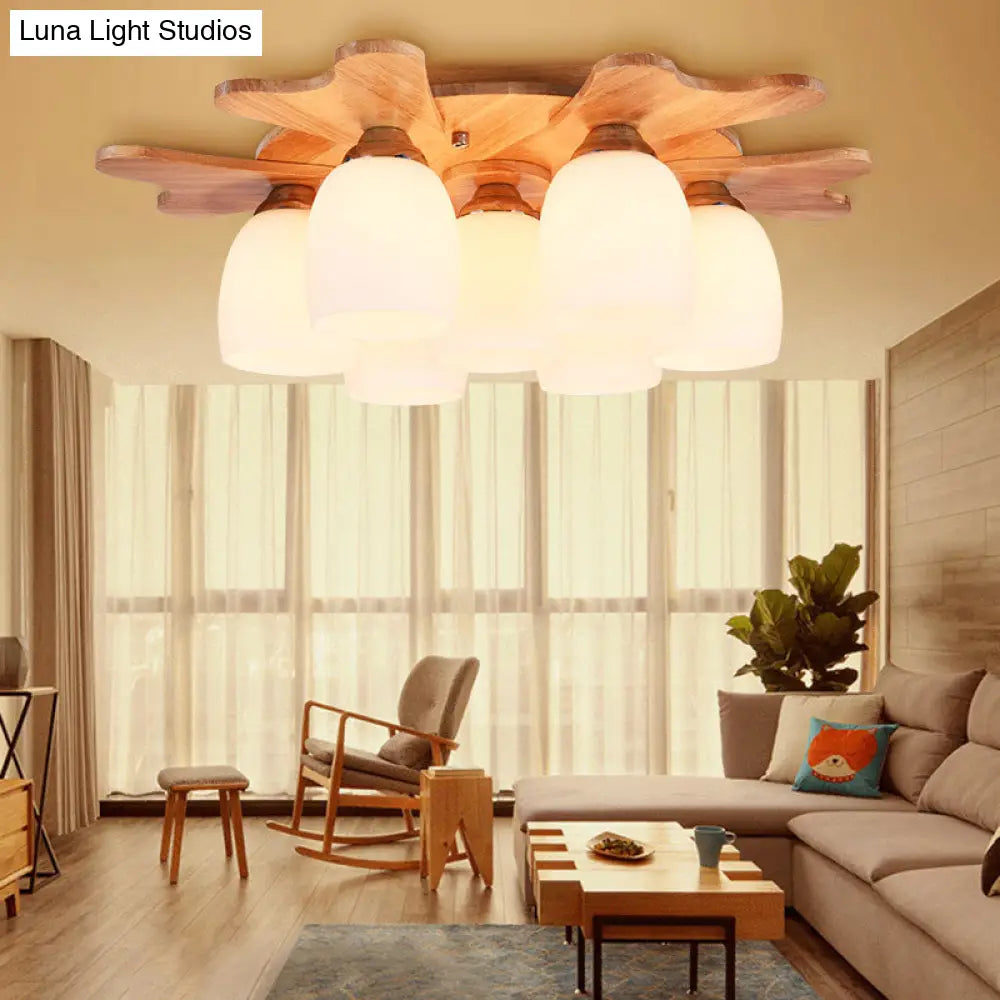 DecorBites™ Contemporary Milk Glass Flush Mount Lamp with Wood Canopy - 1/3/4 Lights, Beige Finish