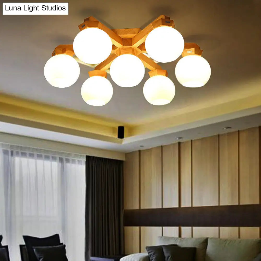 DecorBites™ Contemporary Milk Glass Semi Flush Mount Light with Wood Fixture Arm - 3/5/7 Lights Branch Semi Mount Lighting (Beige)