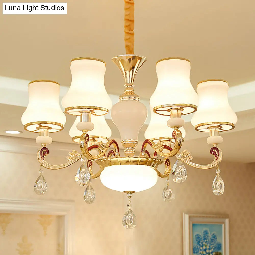 Contemporary Opal Glass Curved Cone Chandelier Light with Crystal Drop Deco - Gold Finish, 3/6 Bulbs