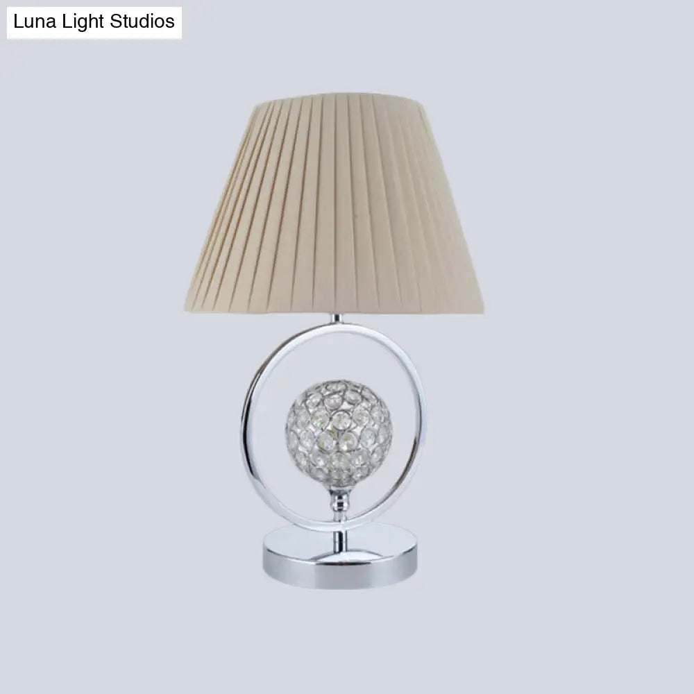 Contemporary Pleated Fabric Table Light - Beige 1-Head Reading Lamp with Crystal Bead