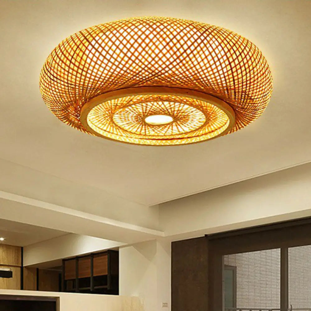 DecorBites™ DecorBites™ Contemporary Round Bamboo Flush Ceiling Light for Single Bedroom - Wood Finish