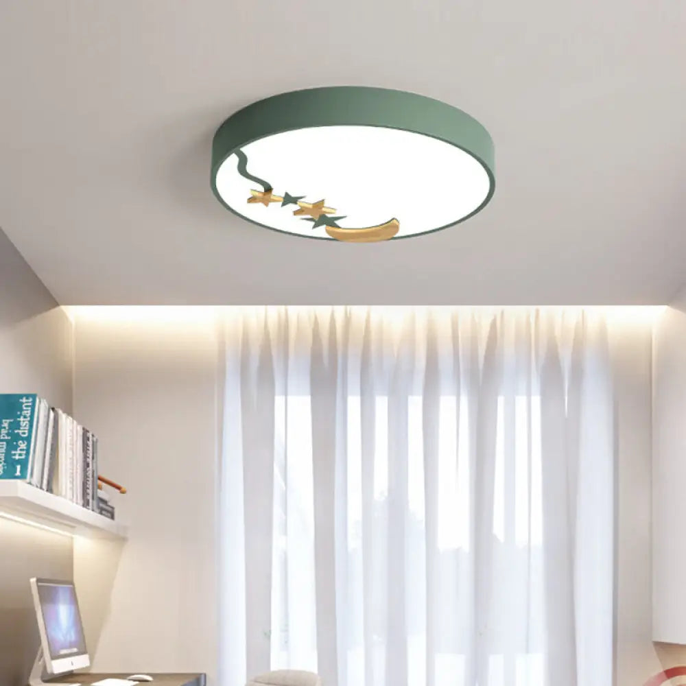 DecorBites™ DecorBites™ Contemporary Round Metal LED Close to Ceiling Lamp with Wooden Moon and Star Decoration - Grey/White/Green - 12"/16"/19.5" Diameter - White/Warm Light