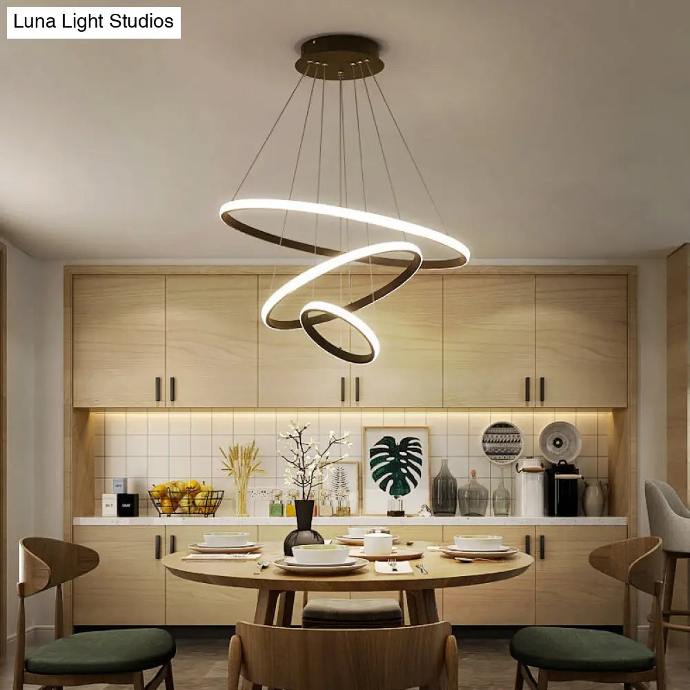 Contemporary Round Pendant LED Chandelier for Dining Room in White/Coffee - 2/3 Tier Design