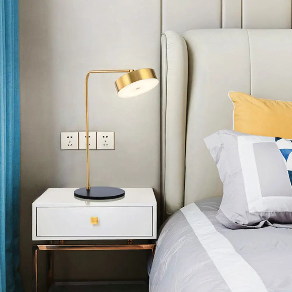 Contemporary Round Table Lamp with Metal Arm for Bedside or Nightstand