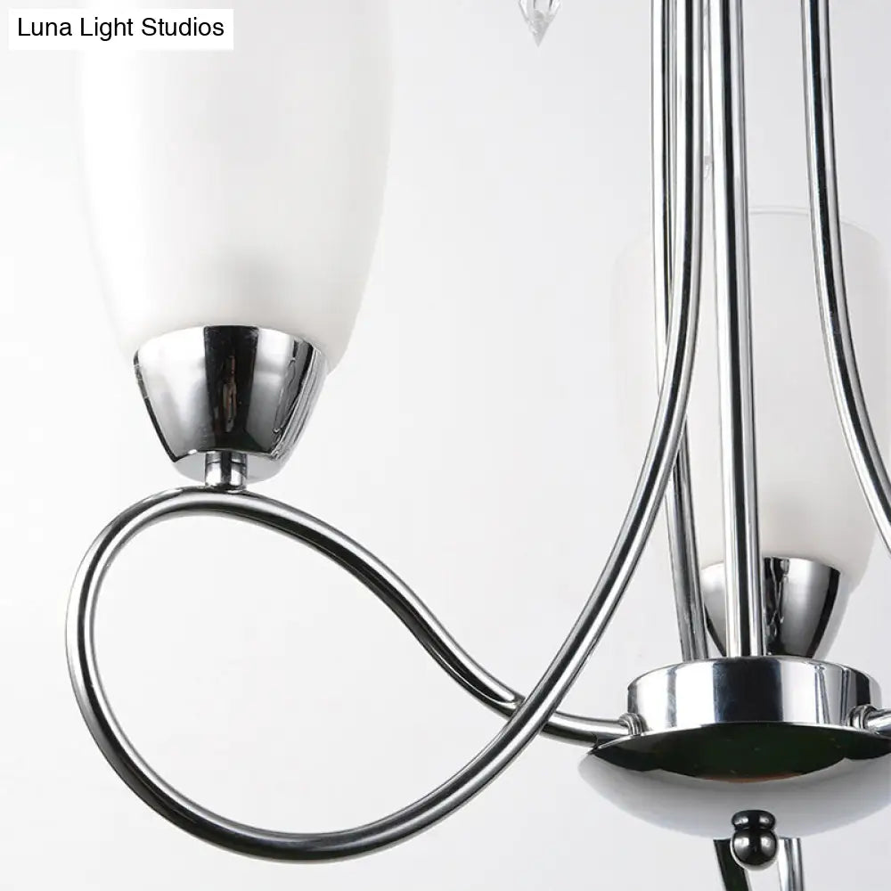 Lámpara de araña contemporánea de cristal blanco con forma de campana y decoración de cristal plateado para pasillo