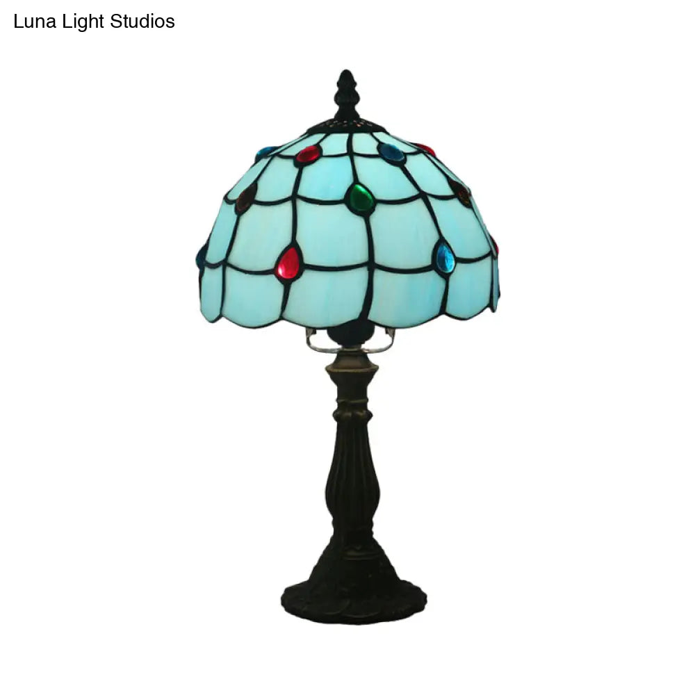 Corinne - Blue Blue Glass Lattice Bowl Table Lighting Mediterranean 1 Head Bronze Gem Patterned Desk Lighting for Bedroom