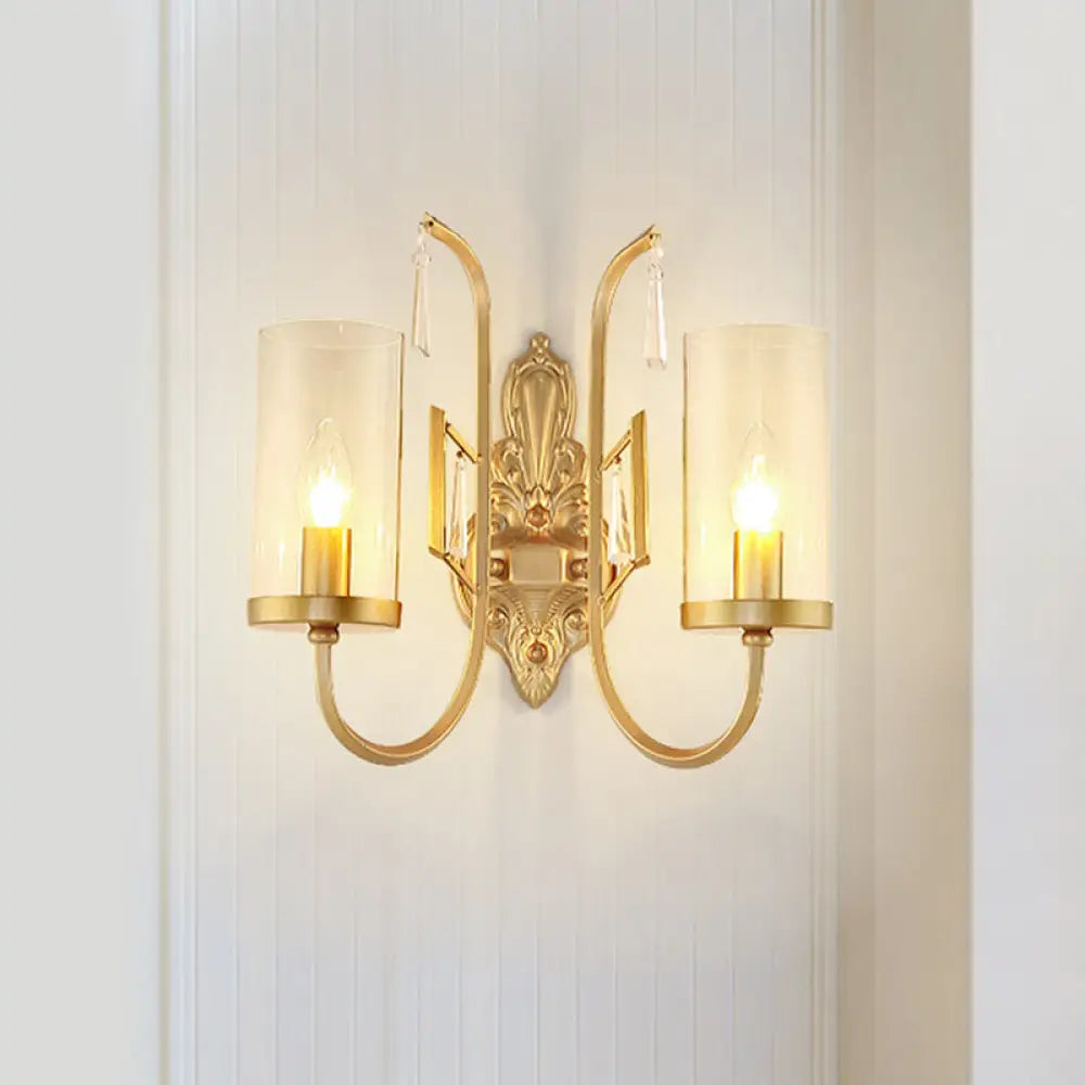 مصباح حائطي من الزجاج الشفاف الريفي بذراع منحني - إضاءة سطحية أسطوانية ذهبية لغرفة المعيشة