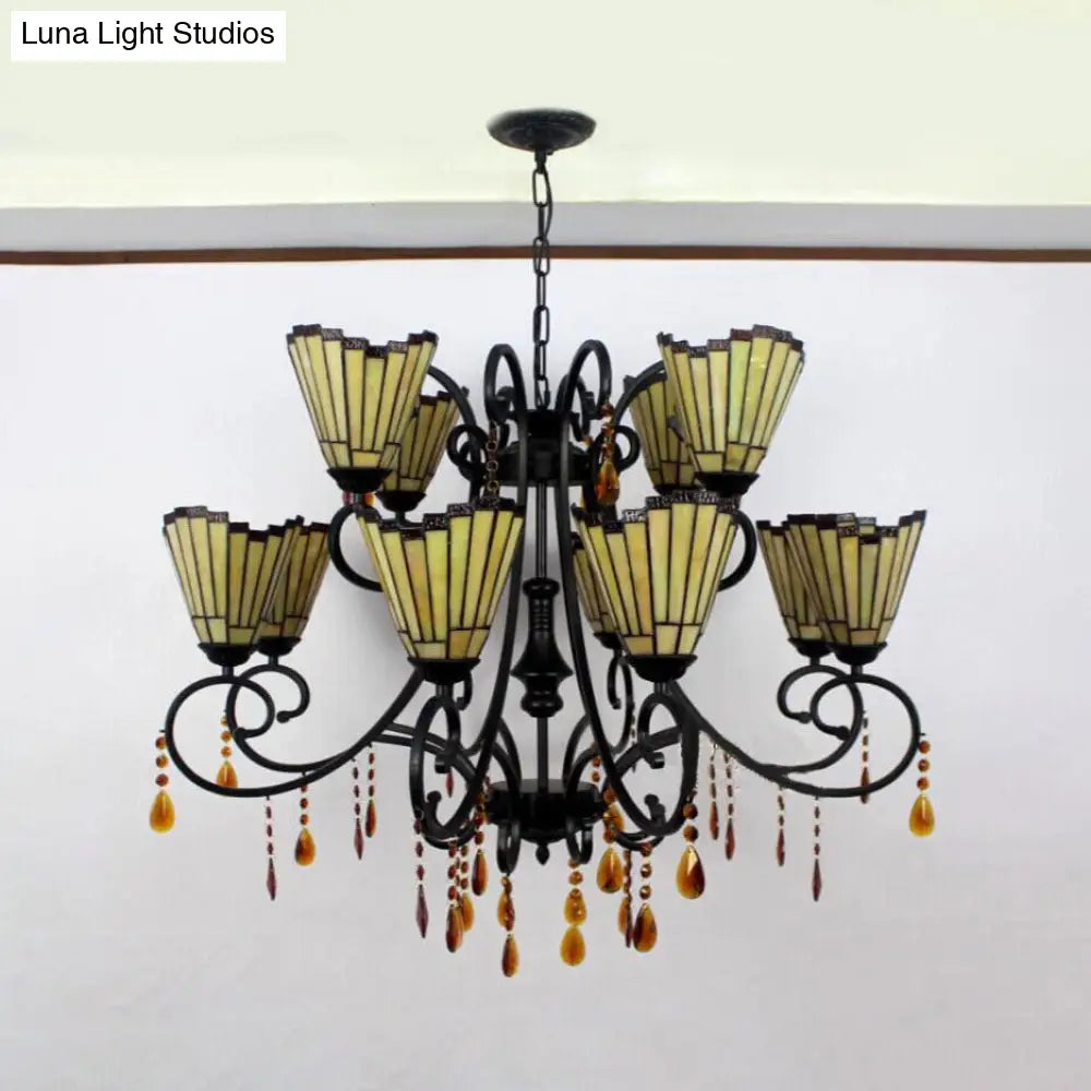 Country Geometric Hanging Pendant Stained Glass Chandelier - 11 Lights, Crystal Pendants - Yellow
