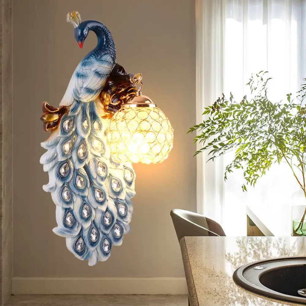 Country Resin Wall Sconce with Blue Peacock Design and Crystal Shade for Dining Room Lighting