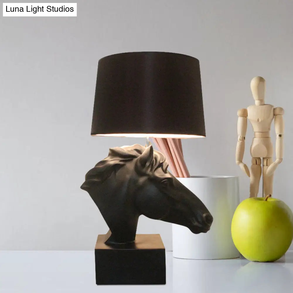 Country Style Black Fabric Table Lamp with Steed Head Base - Tapering Parlor Night Light