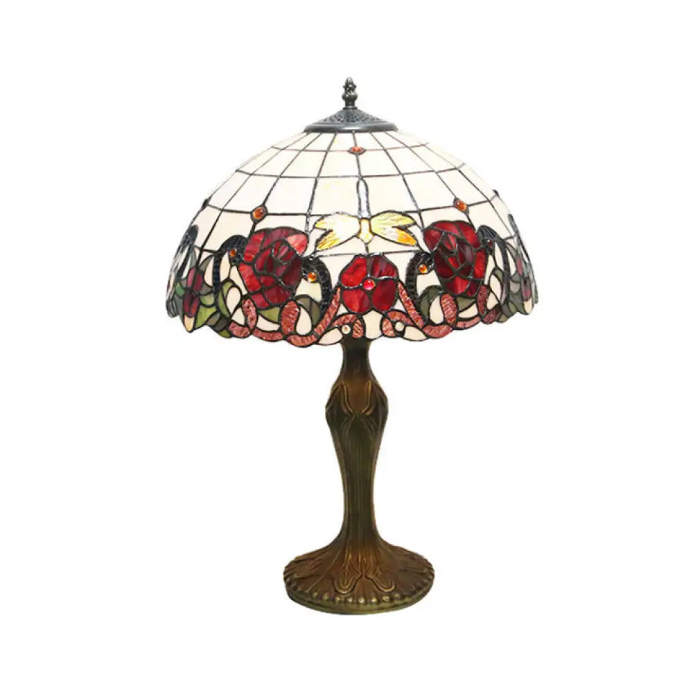 Country Style Stained Glass Dome Flower Table Light - Red/Green - 1 Light Indoor Lighting
