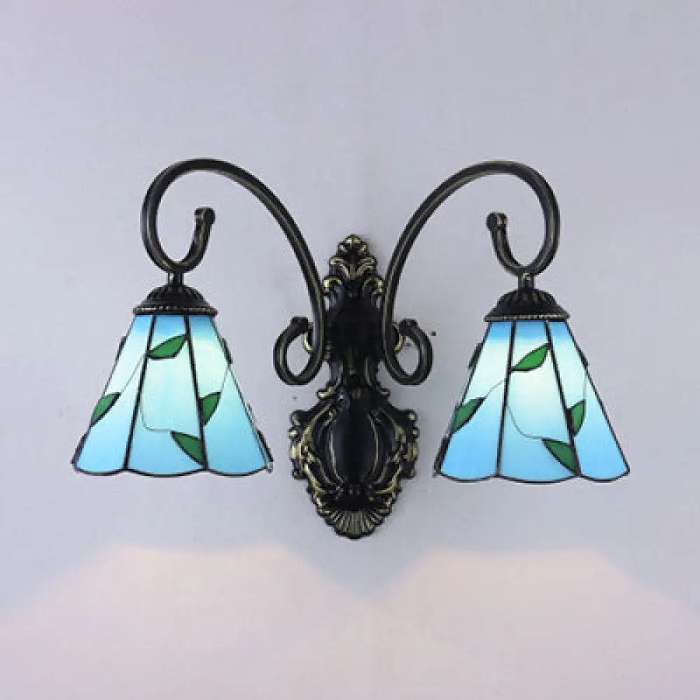 Country Style Stained Glass Leaf Wall Lamp with 2 Blue/Beige Lights for Dining Room