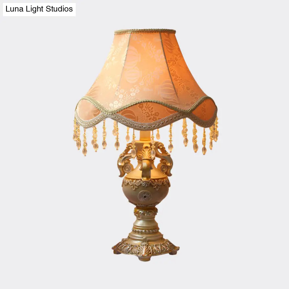 Countryside 1-Head Apricot Bell Nightstand Lamp with Fabric Night Light and Resin Base