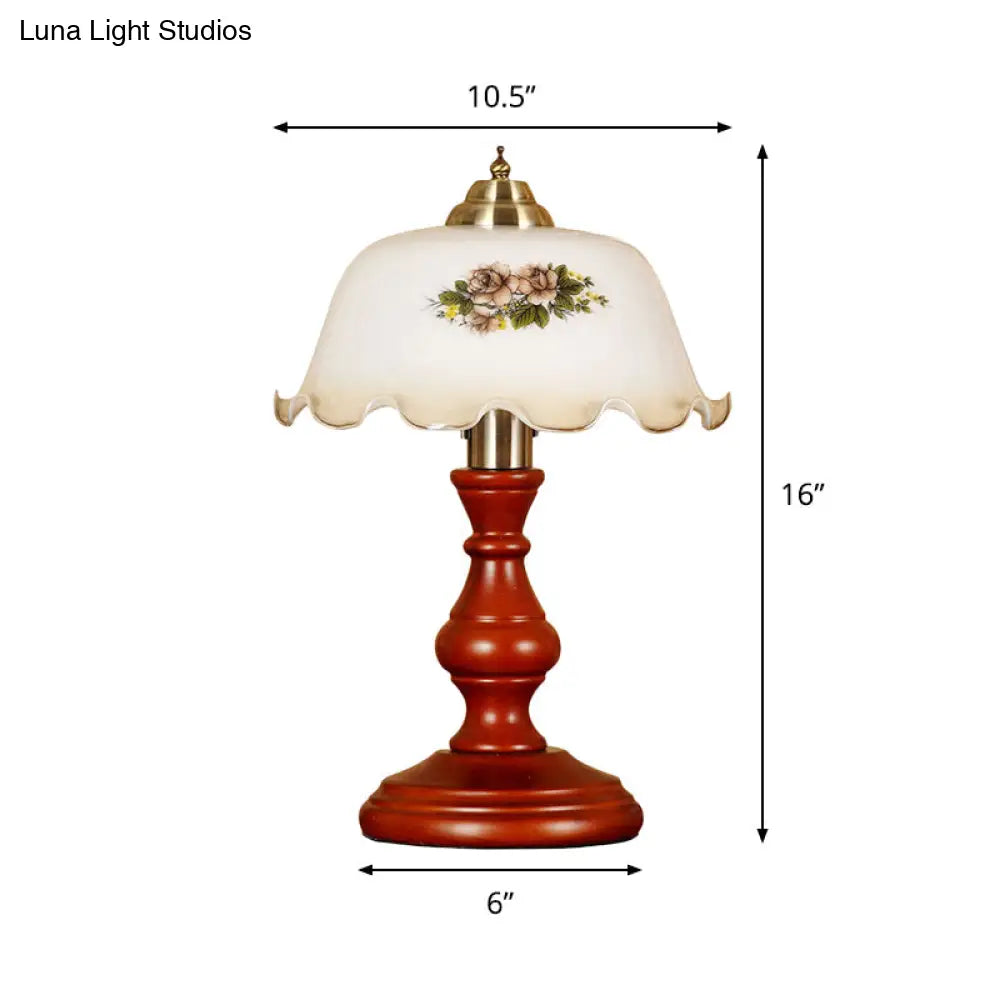 Countryside Wood Baluster Night Light - Red Brown Lounge Table Lamp with Opal Glass Lampshade