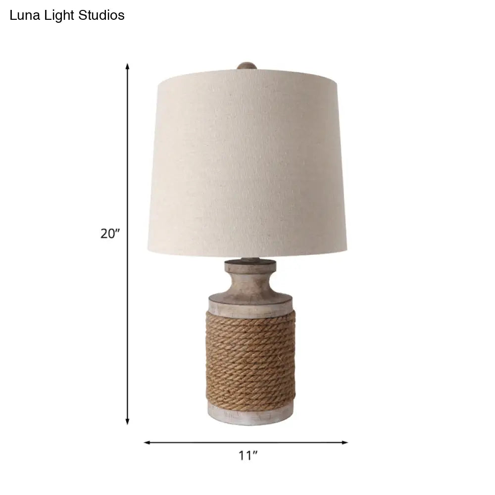 Cozy Lodge Fabric Table Lamp - Cylindrical Living Room Night Light with Roped Pot Base (White, 1 Head)