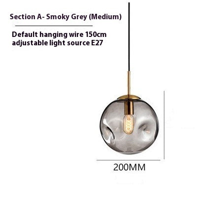 200mm smoky grey glass globe pendant light with brass accents and adjustable e27 socket.