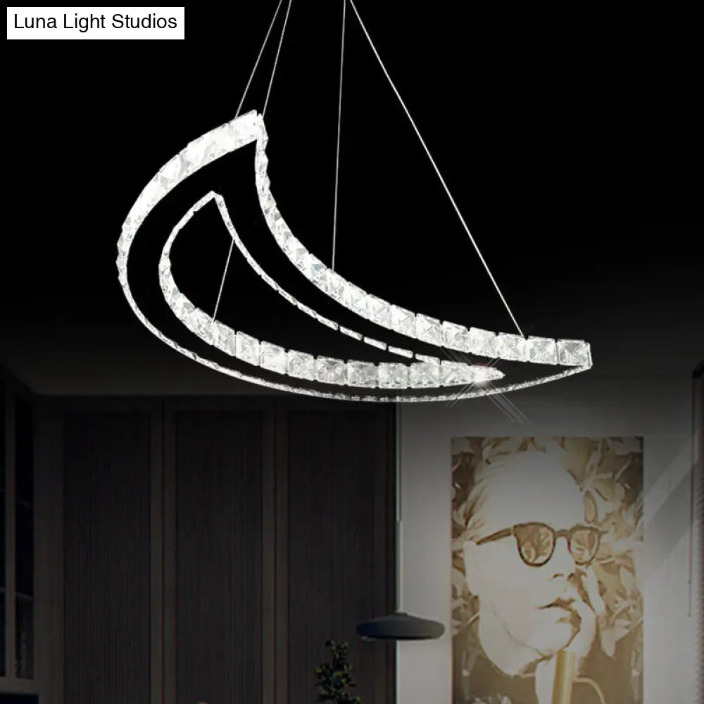 Crystal Block Crescent Ceiling Lamp: Simplicity Stainless-Steel LED Pendant Chandelier in Warm/White Light