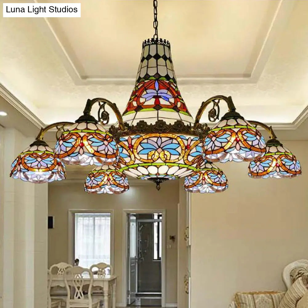Curved Arm Stained Glass Chandelier - 11 Lights Mediterranean Ceiling Light in Pink/Blue/Purplish Blue